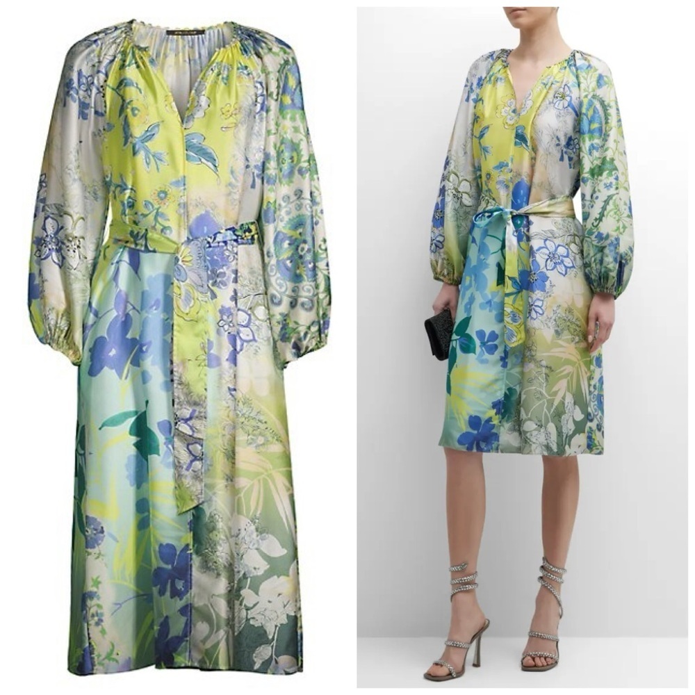 $548 Kobi Halperin Arbor Blouson Sleeve Floral Print Midi Dress Belted pocket M